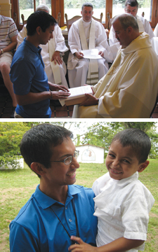 Matthew Kuczora, C.S.C. (top photo) renews his vows and (bottom photo) with a young friend in Honduras.