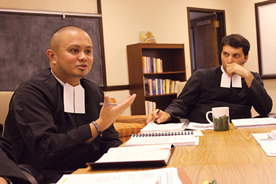 Martin and Deradoorian (below) in one of the three weekly classes the novices take. For Deradoorian the novitiate “is a supportive, encouraging experience. Sometimes the brothers see strengths in us that we didn’t see in ourselves.” He finds the schedule of courses and unstructured time helpful for understanding how his role as a brother grows through “reading, the ability to learn about our founder and our history, and the ability to try new things and explore new talents . . . art, [and] music.”