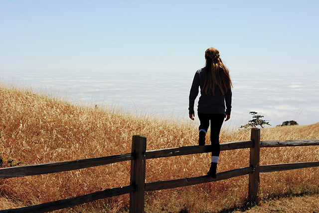 Young woman standing on a fence looking at a field.
