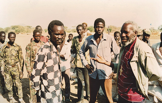 Father Joseph Bragotti, M.C.C.J. snapped this photo during a tense encounter between Sudanese civilians and rebel soldiers in 1994. Bishop Paride Taban of Torit, Sudan is on the far right.