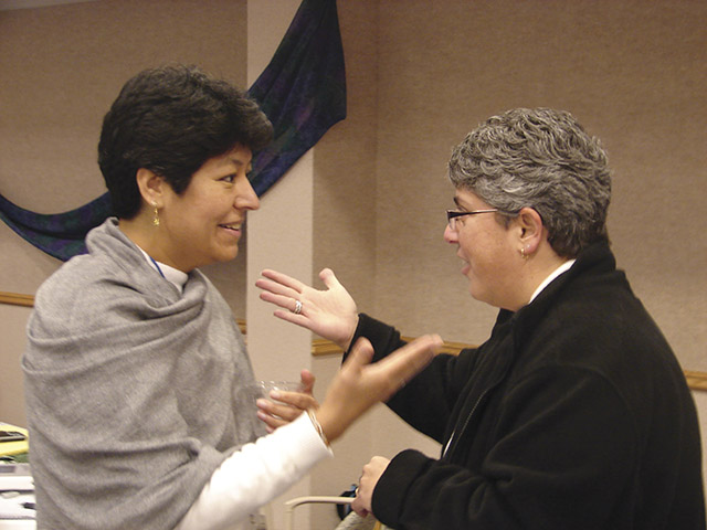 In 2009 at the Federation of the Sisters of St. Joseph Leadership Assembly, Pellegrino engages in conversation with Sister Giselle Martinez, C.S.J., the UN-NGO representative for the federation at that time.