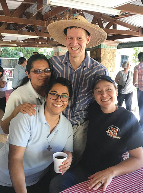 Jesuit scholastic Jaret Ornelas, S.J. (clockwise from top), Sister Tracey Horan, S.P., Sister Josefina “Pina” Bejarano Padilla, M.E., and Sister Anastacia “Tachita” Monjarez, M.E. are all are staff members of Kino Border Initiative.