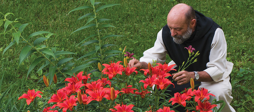 Brother Joseph Kronebusch, O.C.S.O. tends to lilies on the grounds of New Melleray Monastery in Iowa.